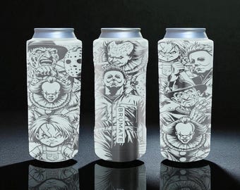 Horror Icons Brumate Slim Can Cooler – Engraved Stainless Steel Insulated Holder for 12oz 16oz 24oz Slim Cans | Halloween Scary Gift