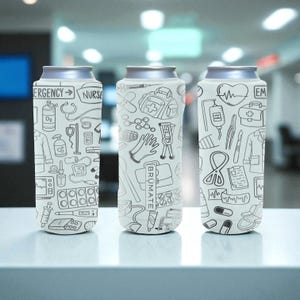 Nurse Brumate Slim Can Cooler – Engraved Medical Design Stainless Steel Holder with Pills, Bandage and Stethoscope for 12oz 16oz 24oz Cans