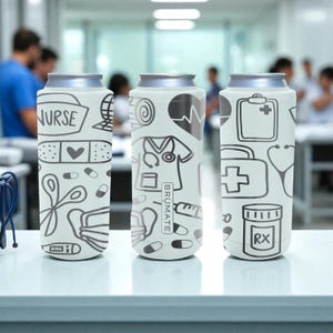 Nurse Brumate Slim Can Cooler – Engraved Medical Design Stainless Steel Holder with Pills, Bandage and Stethoscope for 12oz 16oz 24oz Cans
