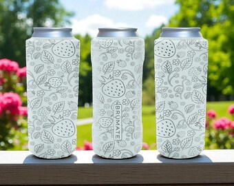 Engraved Strawberry Garden Brumate Slim Can Cooler – Cute Summer Fruit Design for 12oz 16oz 24oz Cans
