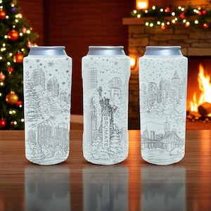 New York City Brumate Slim Can Cooler – roestvrijstalen houder met gegraveerde skyline en standbeeldontwerp voor 12 oz 16 oz 24 oz slanke blikken