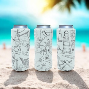 Nautical Brumate Slim Can Cooler – Engraved Ocean Anchor and Lighthouse Design Stainless Steel Holder for 12oz 16oz 24oz Slim Cans