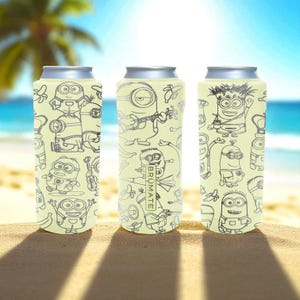 Funny Yellow Crew Brumate Slim Can Cooler – Engraved Cartoon Design Stainless Steel Holder for 12oz 16oz 24oz Slim Cans | Unique Gift