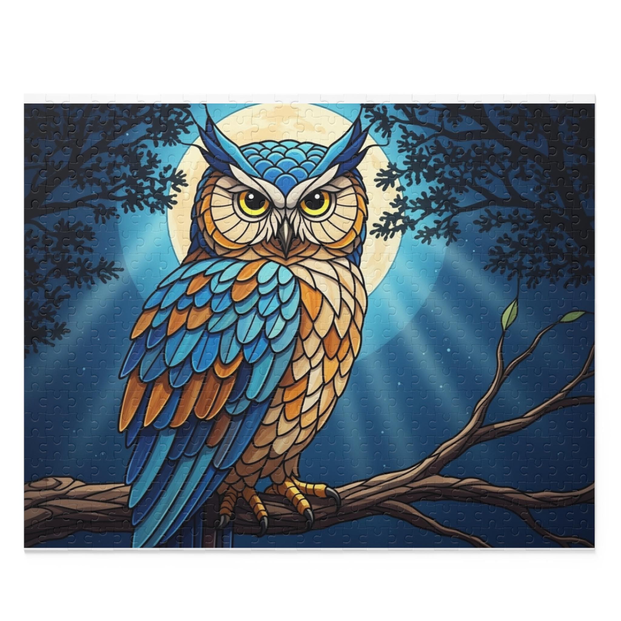 Jigsaw Puzzle, Mystical Stained Glass Owl with Moonlight, 120/252/500-Piece, Detailed Feathers, Blue
