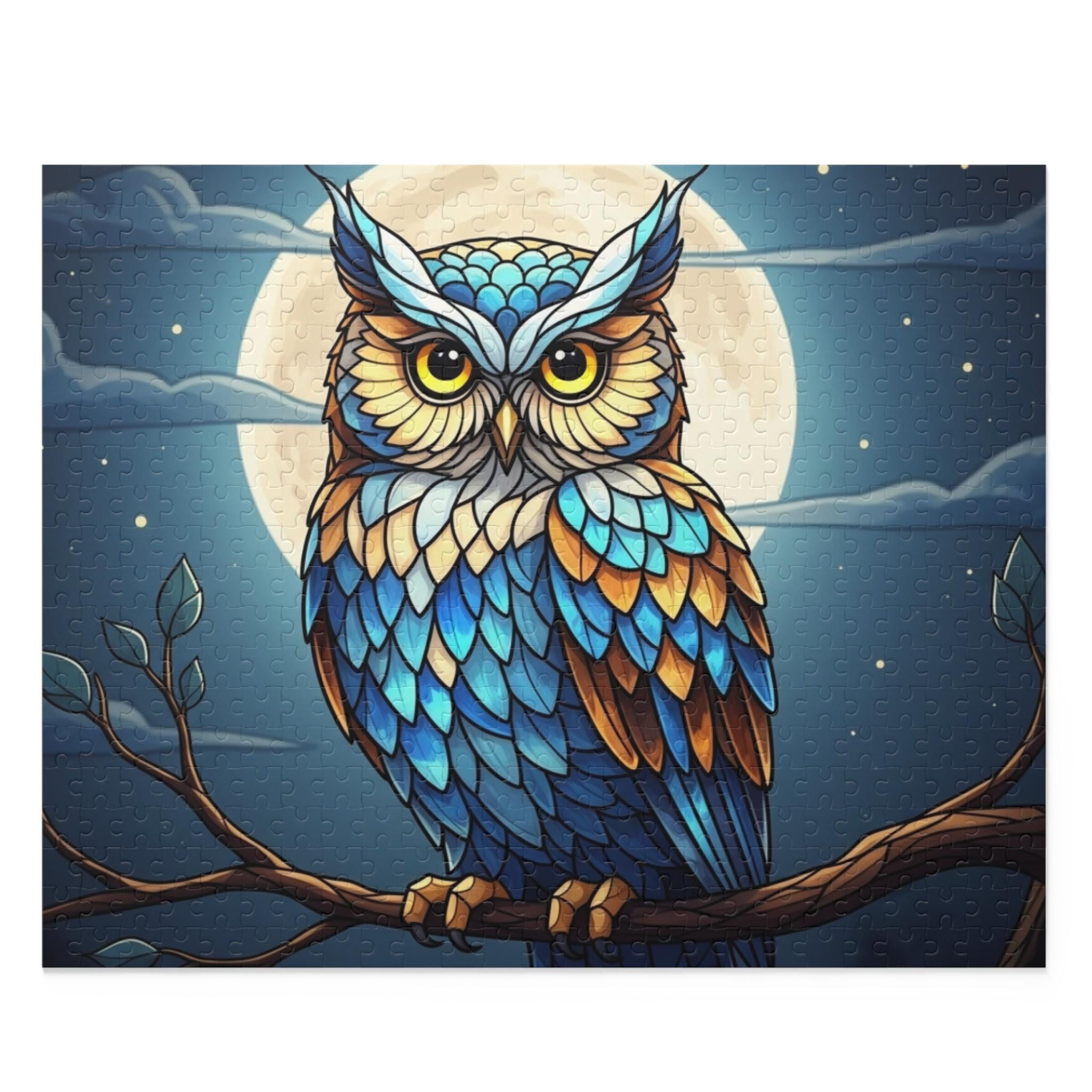 Puzzle, Stained Glass Owl Moonlight Jigsaw, 120-500 Pieces, Mystical Bird Branch Night Sky, Unique D
