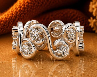 Anillo de plata de ley 925 con moissanita y diseño abierto en espiral / Anillo minimalista llamativo / Regalo de aniversario para ella