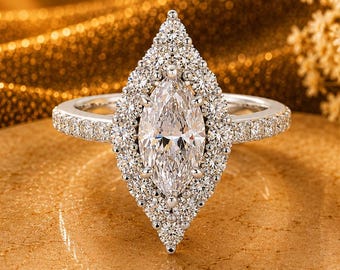 925 Sterling Silver Marquise Moissanite Engagement Ring |  Vintage Halo Bridal Wedding Ring | Promise Ring for Her