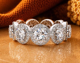 Bague d'éternité en argent sterling 925 Moissanite | Alliance Halo | Bague d'anniversaire ronde | Cadeau bague de mariage empilable