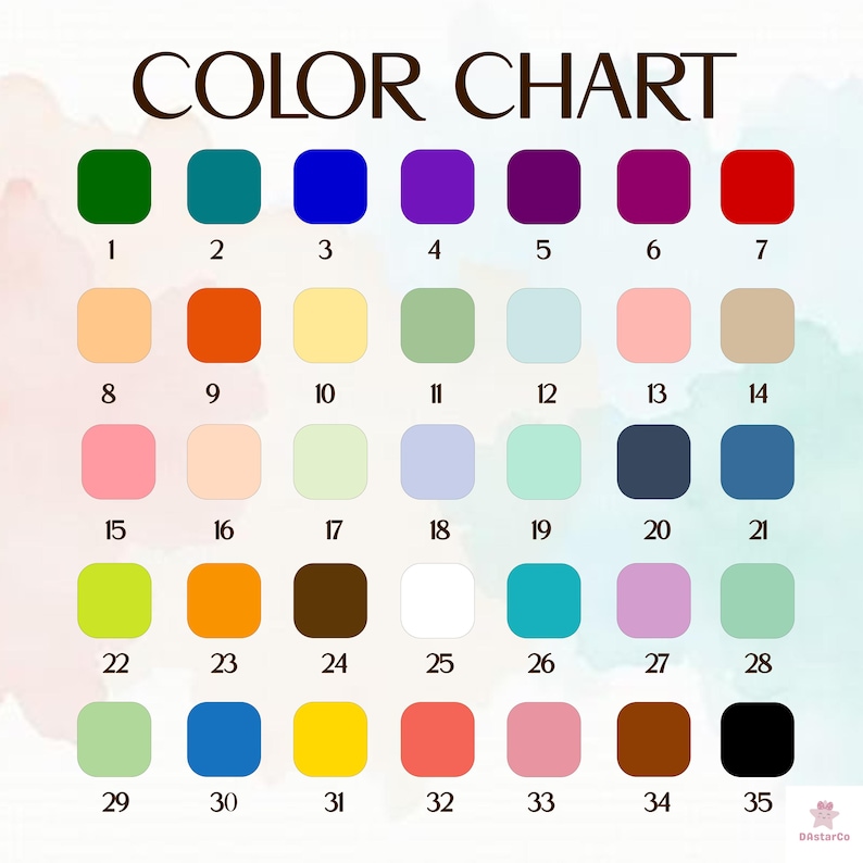 The image is a color chart that displays a variety of colors, ranging from green to purple, and includes numbers to identify each color.