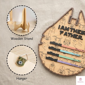 a wooden stand, a wooden stand hanger, and a wooden stand with a Star Wars-themed design.
