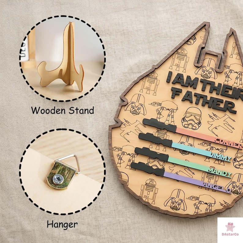 a wooden stand, a wooden stand hanger, and a wooden stand with a Star Wars-themed design.