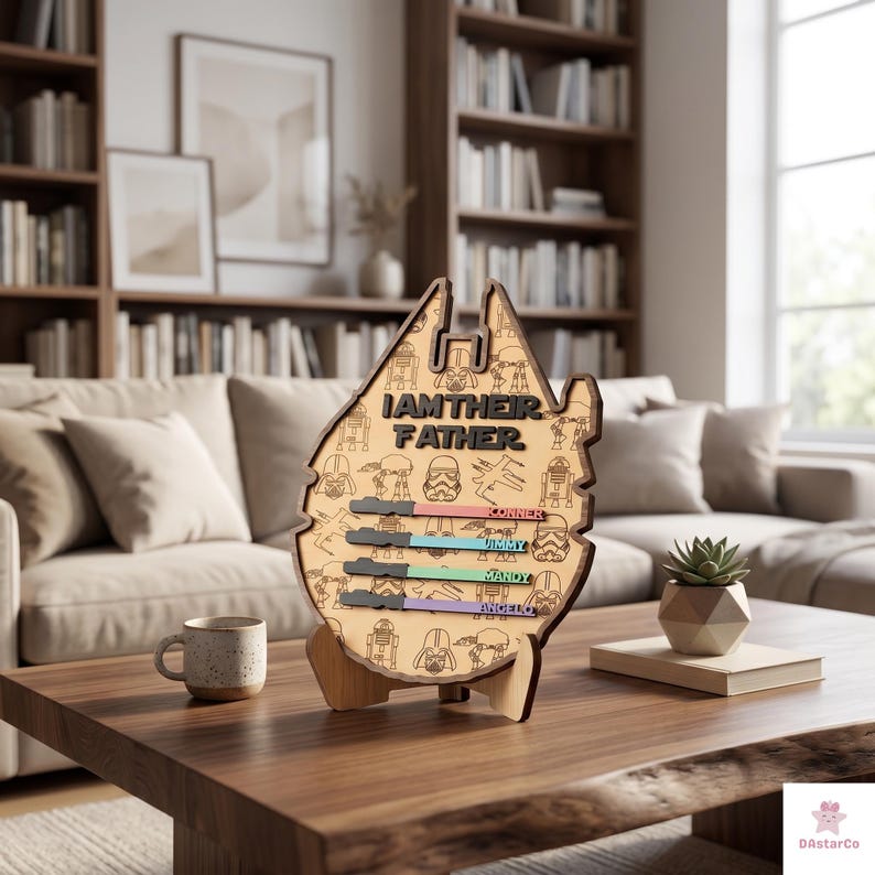a wooden stand with a Star Wars-themed design, displaying the text "I AM THEIR FATHER" and various Star Wars characters. The stand is placed on a wooden table, with a coffee cup and a potted plant nearby.