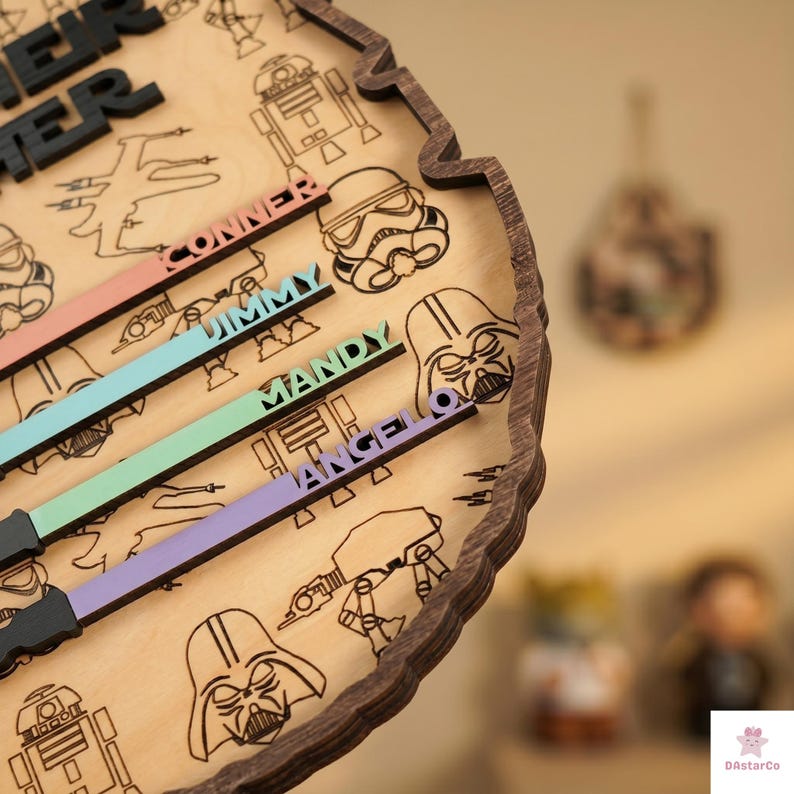 a wooden plaque with various Star Wars characters and names, including Darth Vader, Conner, Jimmy, Mandy, and Angel.