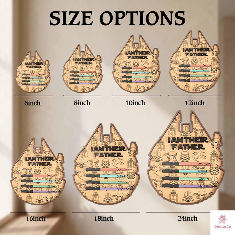six different sizes of a wooden cutout depicting a Star Wars character, specifically the Millennium Falcon, with the text "I AM THEIR FATHER" printed on it.