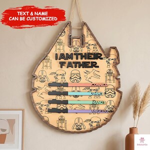 a wooden sign with a Star Wars theme, hanging on a wall. The sign has a Star Wars character design and includes the text "I AM THEIR FATHER" along with names of characters such as "Conner", "Umpire", "Mandy", and "Angela".