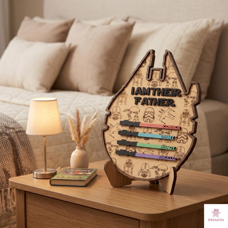 a wooden stand with a Star Wars-themed design, displaying a list of names and a message that says "I AM THEIR FATHER". The stand is placed on a wooden table next to a lamp and a book.