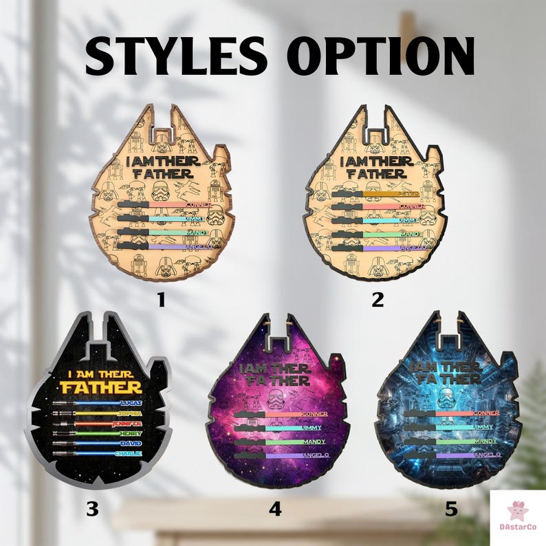 five different styles of Star Wars-themed cutouts, each with a unique design and color scheme.