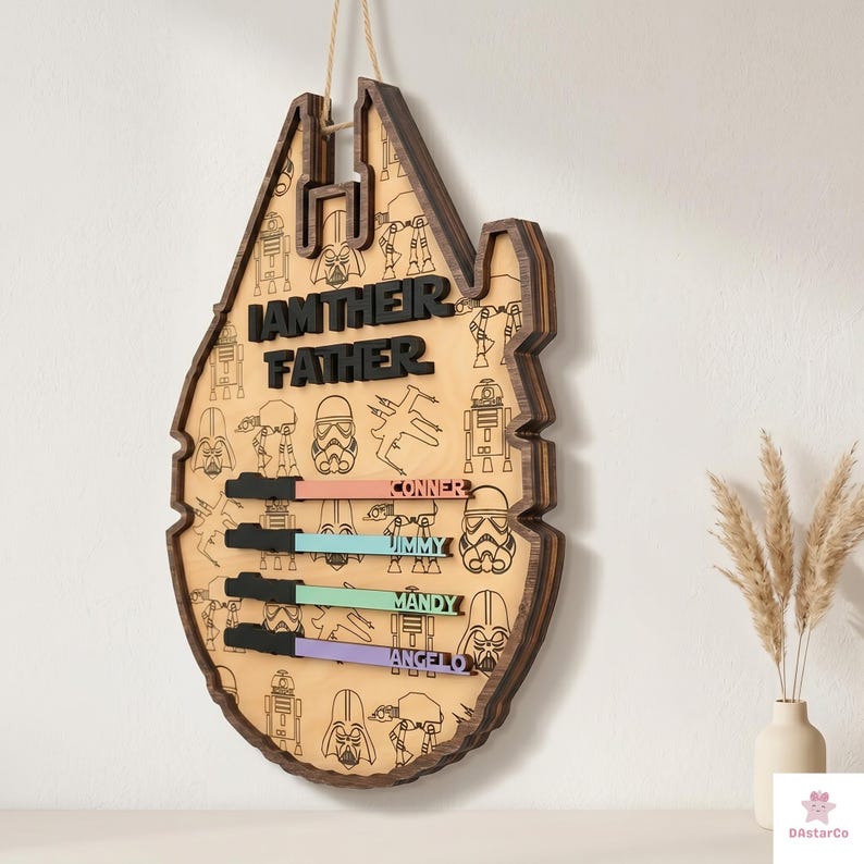 A wooden wall hanging with a Star Wars theme, featuring the names of various characters such as "Iamthier Father", "Conner", "Jimmy", "Mandy", and "Angela".