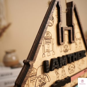 A wooden sign with the word "I AM THERE" written on it, featuring various Star Wars characters and logos.