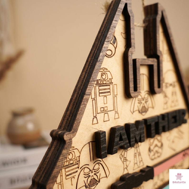 A wooden sign with the word "I AM THERE" written on it, featuring various Star Wars characters and logos.