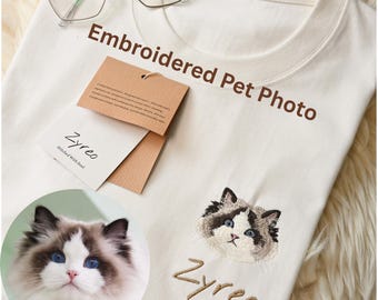 Custom Pet Portrait Embroidered T-Shirt, Personalized Dog Cat Lover Gift, Realistic Embroidery Art