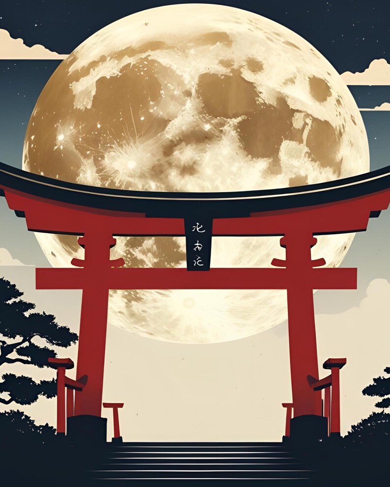 Japanese Torii Gate With Full Moon Wall Art | Minimalist Japanese ...