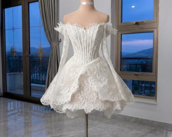 Elegant Off Shoulder Lace Wedding Dress, Corset Bridal Mini Dress, Luxury Reception Gown, Romantic Princess Bridal Outfit