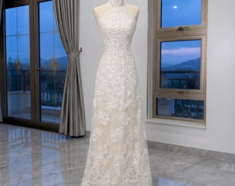 High Neck Lace Wedding Dress, Illusion Mermaid Bridal Gown, Sheer Backless Maxi, Elegant Floral Applique Bride Outfit