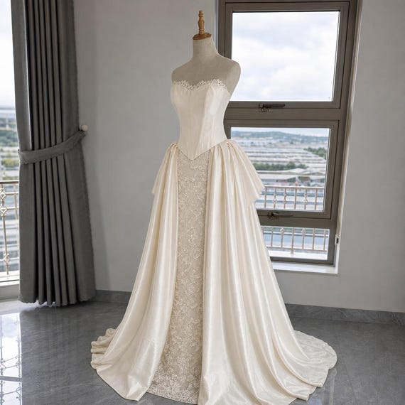 corset panel dress Luxury Ivory Wedding Dress, Satin Bridal Gown, Lace Overskirt, Cathedral Train, Elegant Custom Made Bride Attire Style:EE01960BD Milly Leather Pleated Skirt Boho Floral Velvet dress This elegant floor length