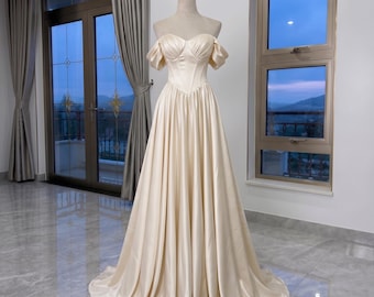 Luxury Satin Bridal Gown Off Shoulder Corset Basque Waist Minimalist Ivory Aline Wedding Dress Romantic Elegant Bride Outfit