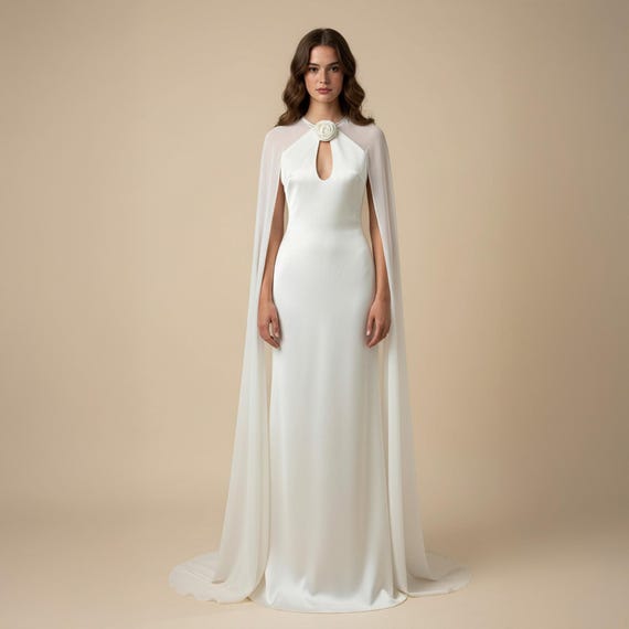 Luxury Silk Bridal Gown With Flowing Chiffon Cape | Elegant Wedding Dress |  Cape Bridesmaid Dress | High Neck Prom Gown - Etsy Israel