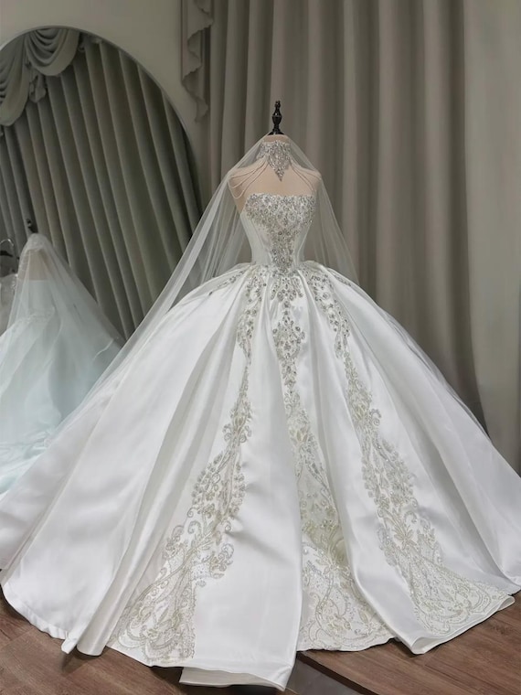 princess beaded ball gown wedding dresses Luxury Satin Dress, Crystal Bridal Gown, Cathedral Veil, Royal Bridal Couture, Custom Made Color:Ivoy Gold