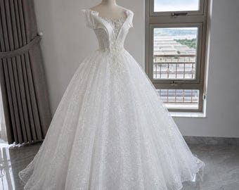 Luxury Ivory Ball Gown Wedding Dress, Sparkly Glitter Tulle Bridal Gown, Off Shoulder Corset, Princess Bride Outfit, Custom Made