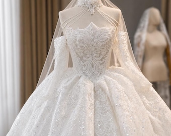 Luxury Wedding Dress, Sparkly Bridal Gown, Lace Ball Gown, Off Shoulder Corset, Cathedral Veil, Princess Train, Custom Made