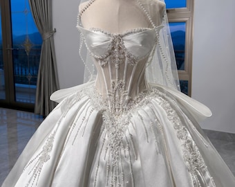 Royal Satin Ball Gown Wedding Dress, Corset Bridal Gown, Victorian Fairytale Bride Dress, Luxury Pearl Embroidered Couture
