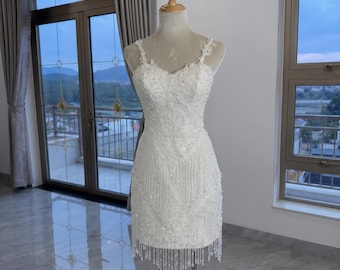 Fringe Wedding Dress Mini Bridal Gown Beaded Lace Reception Outfit Sparkly Cocktail Bride Party Elegant Custom Couture