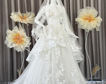 Vestido de novia de encaje de lujo, vestido de gala, vestido de novia de tul brillante, espalda con corsé, apliques florales, vestido de novia de princesa hecho a medida