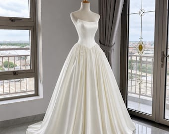 Minimalist Wedding Dress, Strapless Corset Gown, Silk Satin Ballgown, Basque Waist Bridal, Princess Couture, Custom Made Bride