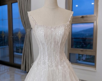 Sparkling A-Line Wedding Dress, Beaded Corset Bridal Gown with Sequin Tulle Skirt, Ethereal Princess Wedding Look