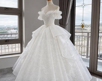 Luxury Off Shoulder Princess Wedding Dress, Pearl Beaded Bridal Gown, Layered Ball Gown, Custom Made, Elegant White Bride Dress