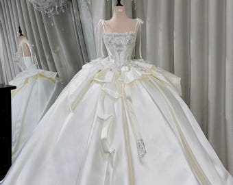 Luxury Satin Wedding Gown, Crystal Embellished Ballgown, Corset Bridal Dress, Princess Train, Elegant Ivory Ceremony Outfit
