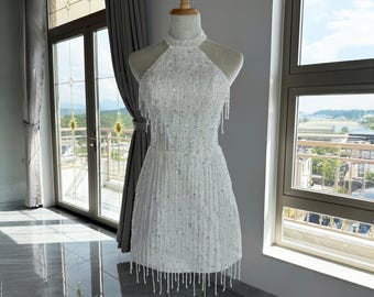 Fringe Halter Bridal Mini, Sparkly Beaded Reception Gown, Couture Party Outfit, Chic Modern Ceremony Look