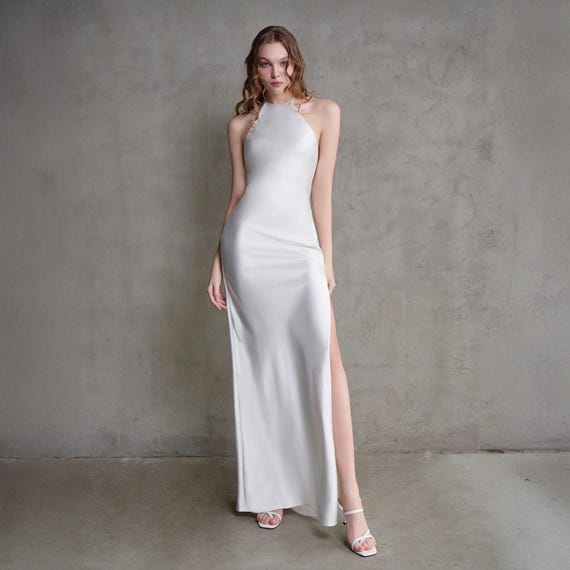 Silk Satin Open Back Halter Gown Backless High Neck Evening Wedding Guest Gown  Dress - Etsy Israel