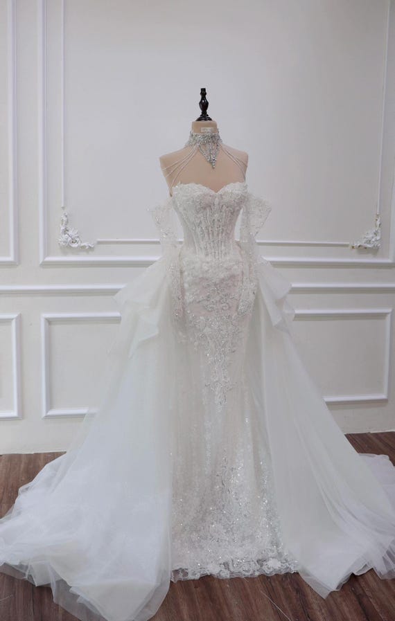 Beaded Wedding Dress, Corset Bridal Gown, Mermaid Lace Design, Detachable Overskirt, Luxury Sparkle Bride, Crystal Couture