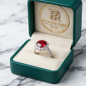 May include: A ruby and diamond engagement ring displayed in an open, green jewelry box. The ring features a large, oval-cut ruby surrounded by a halo of smaller diamonds. The box has a gold emblem that reads "TR Jewelry Studios."