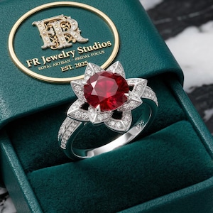 May include: A silver ring featuring a large, round, red gemstone, encircled by smaller, clear stones in a flower-like pattern. The ring is presented in a dark green jewellery box, with the text "FR Jewelry Studios" and "EST. 2025".