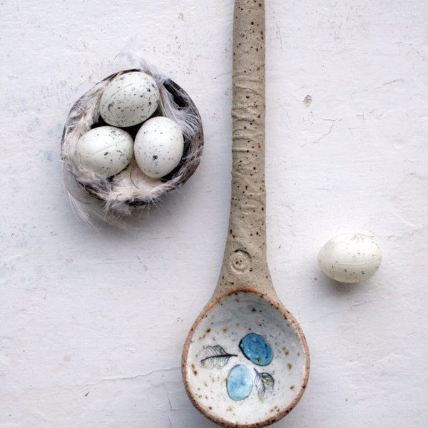 Rustic woodland ceramic spoon sculpture-bird nest with blue eggs