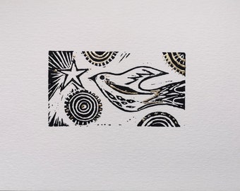 Star and Song bird original lino print in gold coloured metal leaf no.9