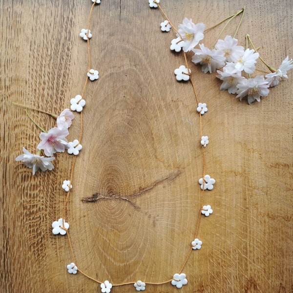 Flower charm necklace-Womens ceramic necklace - 21 white porcelain blossom flowers - ceramic jewellery no. 1