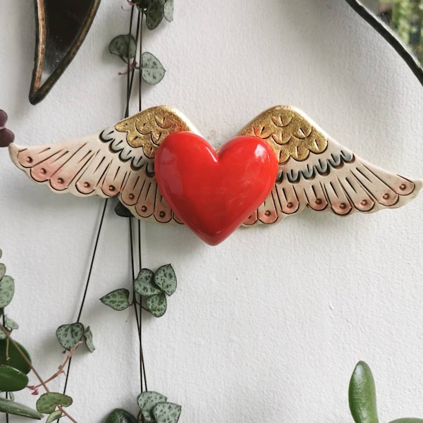 Winged Heart sculpture, ceramic wall art, red ceramic heart